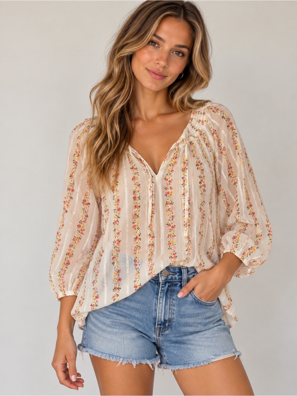 Torrid Floral Peasant Top Cream Pink Yellow Sz 2X